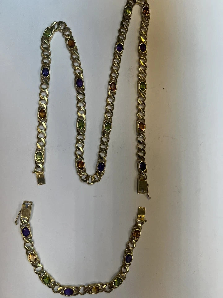 Retro Gold 26 Carat Oval Gem Stone 88 Grams Necklace & Bracelet Set Circa 1980