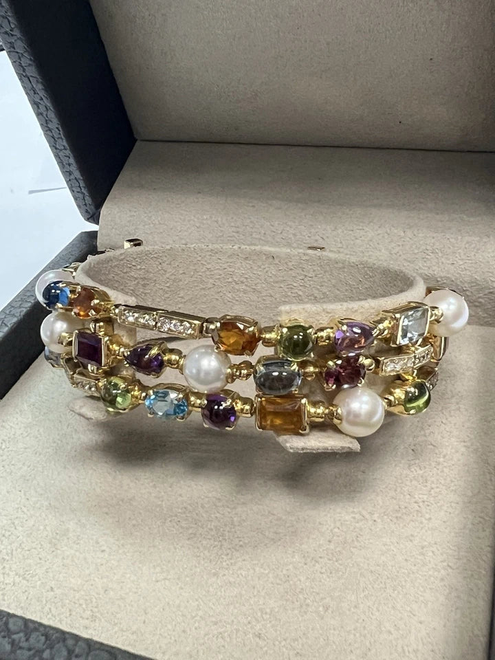 Modern Gold Natural Diamond and Multi Color Cabochon Gem Three Strand Bracelet