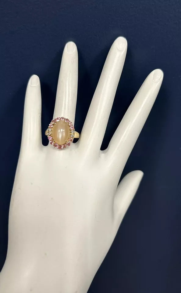 Modern Gold 5.53 Carat Natural Cats-Eye Moonstone & Tourmaline Cocktail Ring