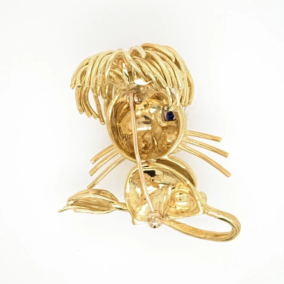 Vintage 1950's Retro Brooch Pin 18k Gold CAT Diamond Sapphire Estate Red Enamel