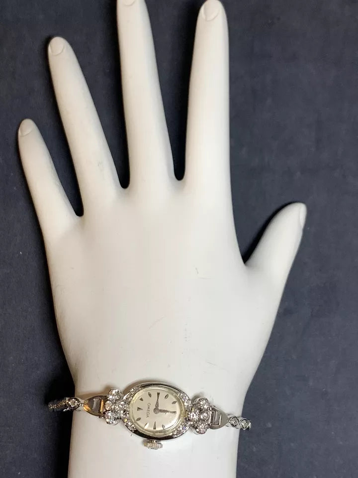 Ladies White Gold Omega 1.25 Carat Natural Diamond Manual Cocktail Vintage Watch