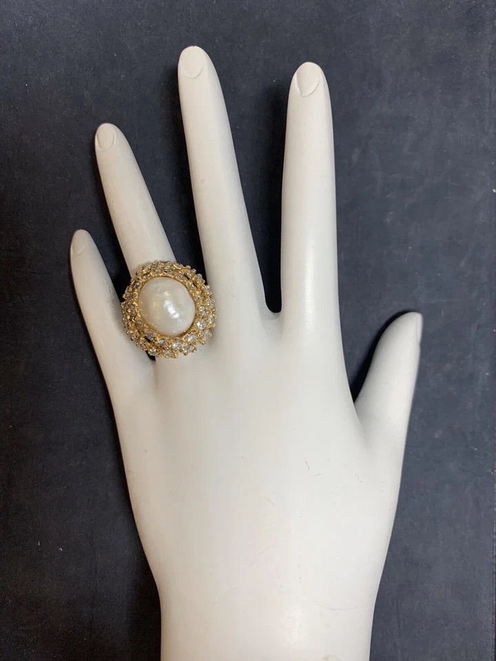 Retro Gold Cocktail Ring 1.85 Carat Natural Colorless Diamond & Pearl Circa 1950