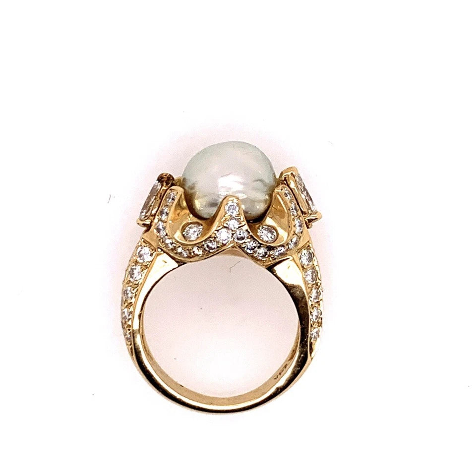 Retro Gold 3 Carat Cocktail Ring Natural Diamonds & 10.5mm Pearl Gem Circa 1960