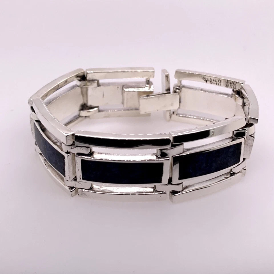 Mens Rare Vintage Mexico 950 Silver Bracelet Natural Sodalite Circa 1980