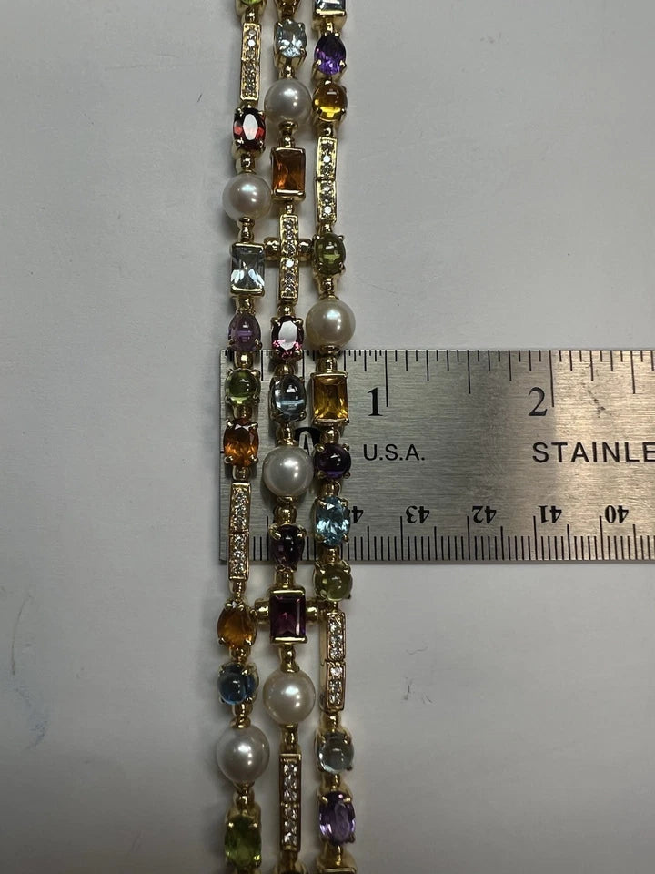 Modern Gold Natural Diamond and Multi Color Cabochon Gem Three Strand Bracelet