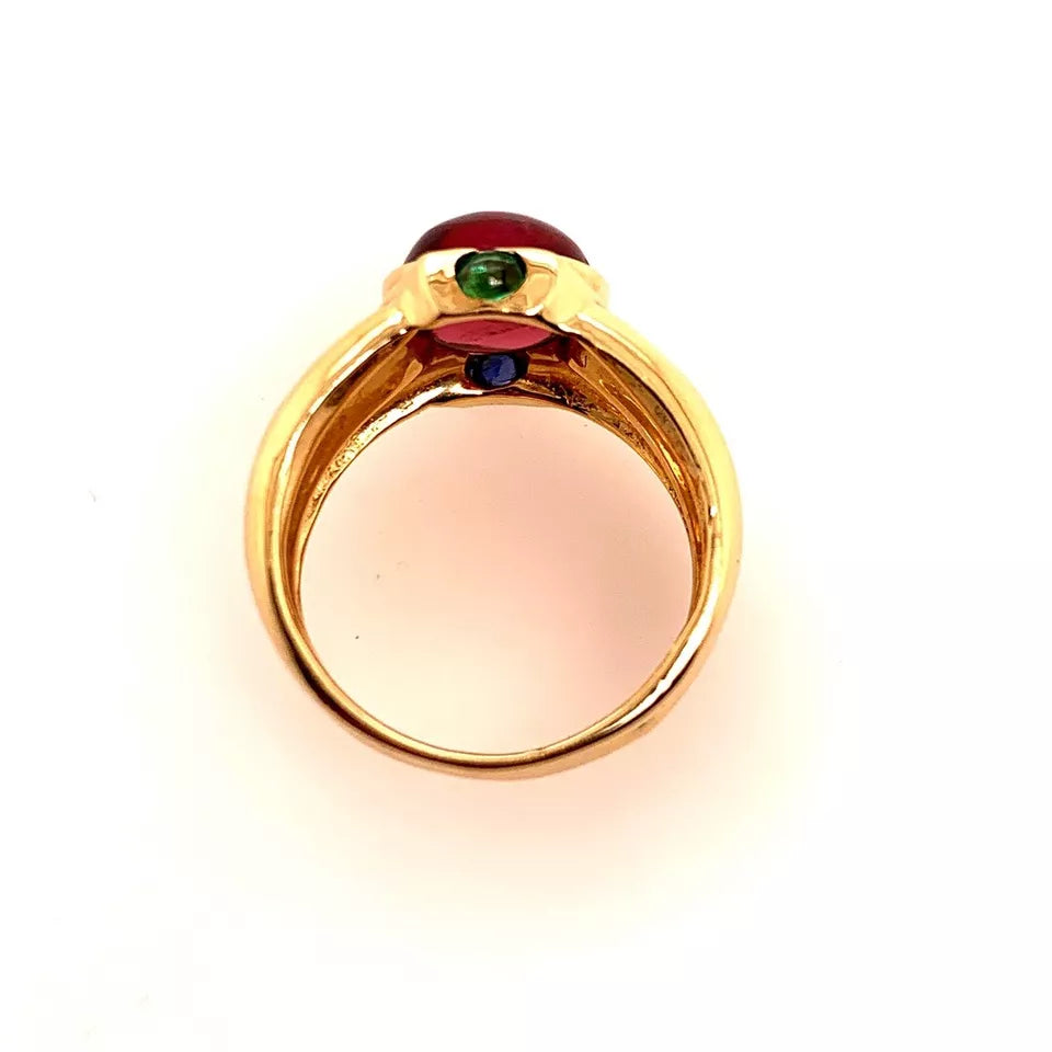 Retro Gold Cabochon Cocktail Ring Natural Tourmaline Emerald Sapphire Circa 1960