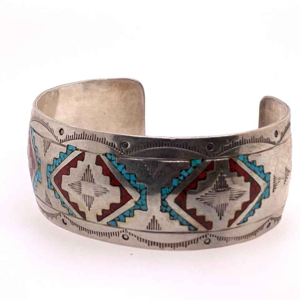 Vintage Native HB Henry Baca Sterling Silver 925 Cuff 6” Inner 42g Turquoise Gem