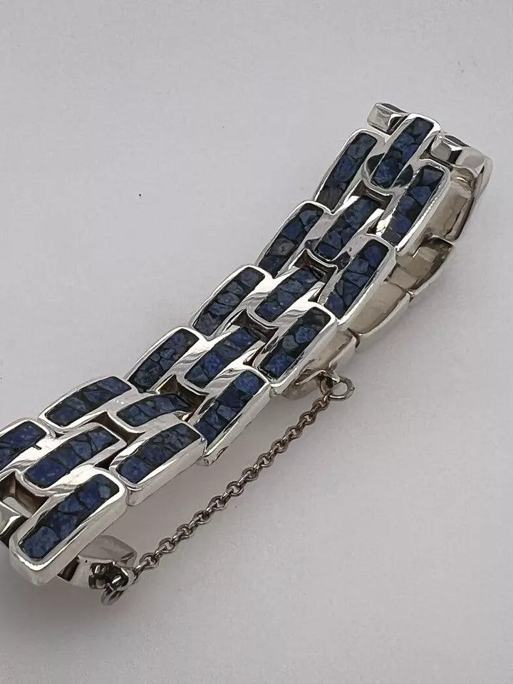 Vintage Taxco Inlayed Sodalite 925 Silver Bracelet 59 grams Made in Mexico
