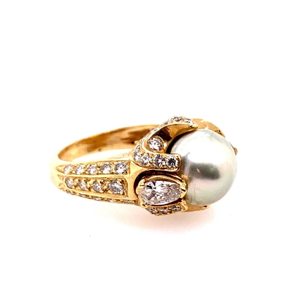 Retro Gold 3 Carat Cocktail Ring Natural Diamonds & 10.5mm Pearl Gem Circa 1960