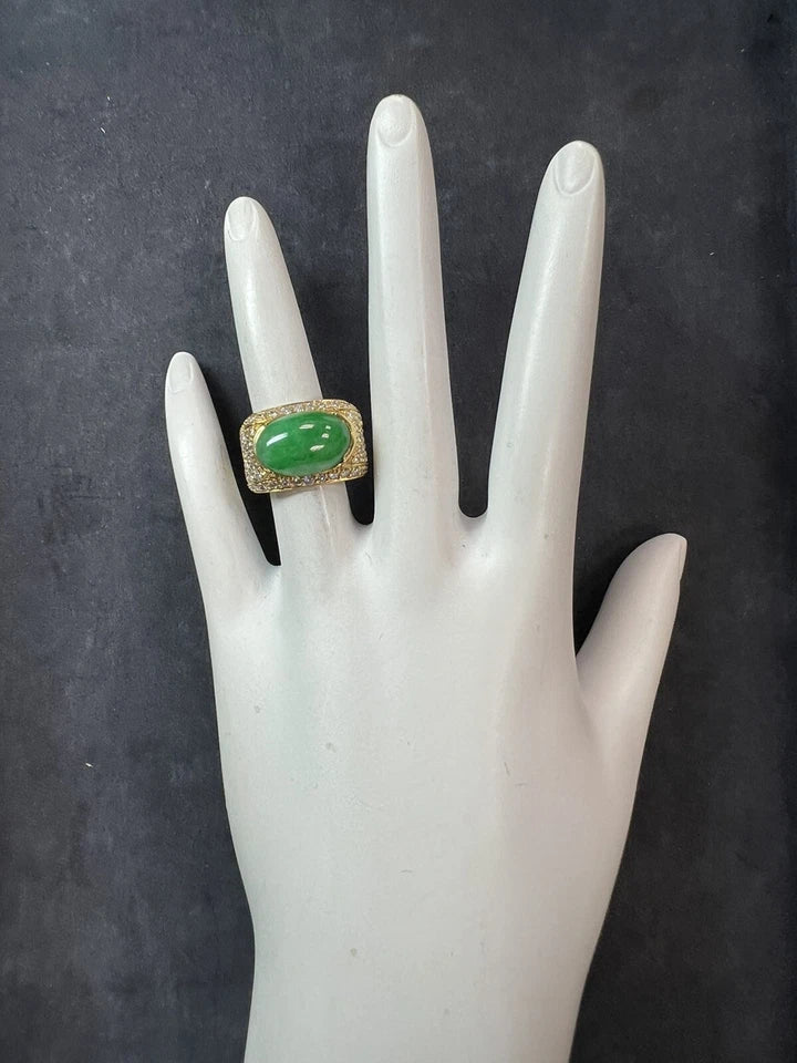 GIA Certified 12.51 Gram Natural Jadeite "A" Jade & Diamond Gold Ring Circa 1950