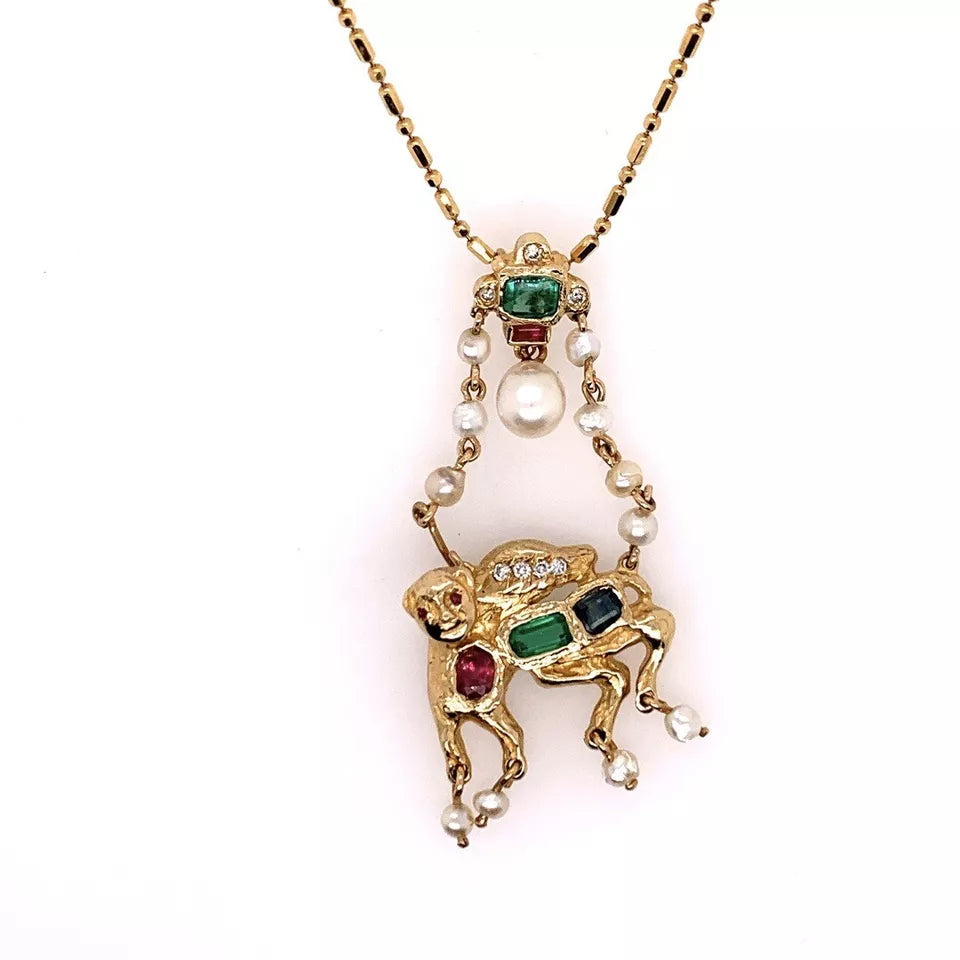 Retro Gold Camel Pendant 1.75 Carat Natural Diamond, Ruby, Emerald,Sapphire 1960