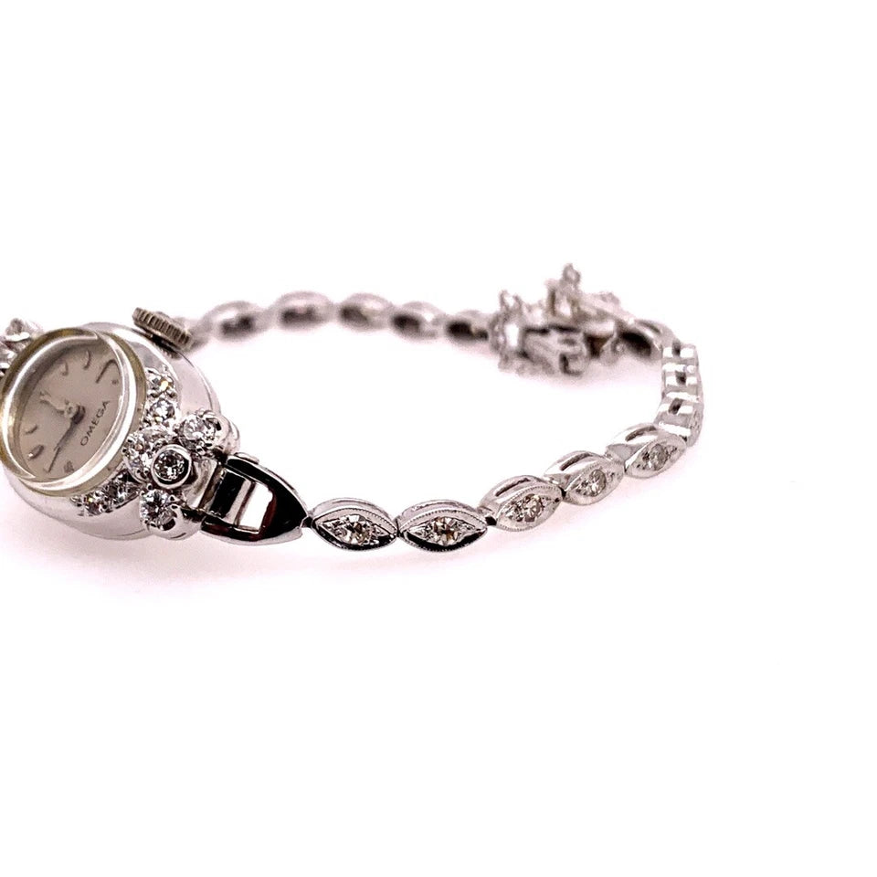 Ladies White Gold Omega 1.25 Carat Natural Diamond Manual Cocktail Vintage Watch