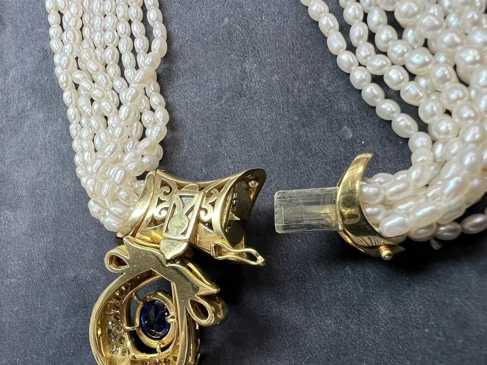 GIA Certified 14 Carat Natural Diamond and Blue Sapphire Cab Necklace Circa 1950