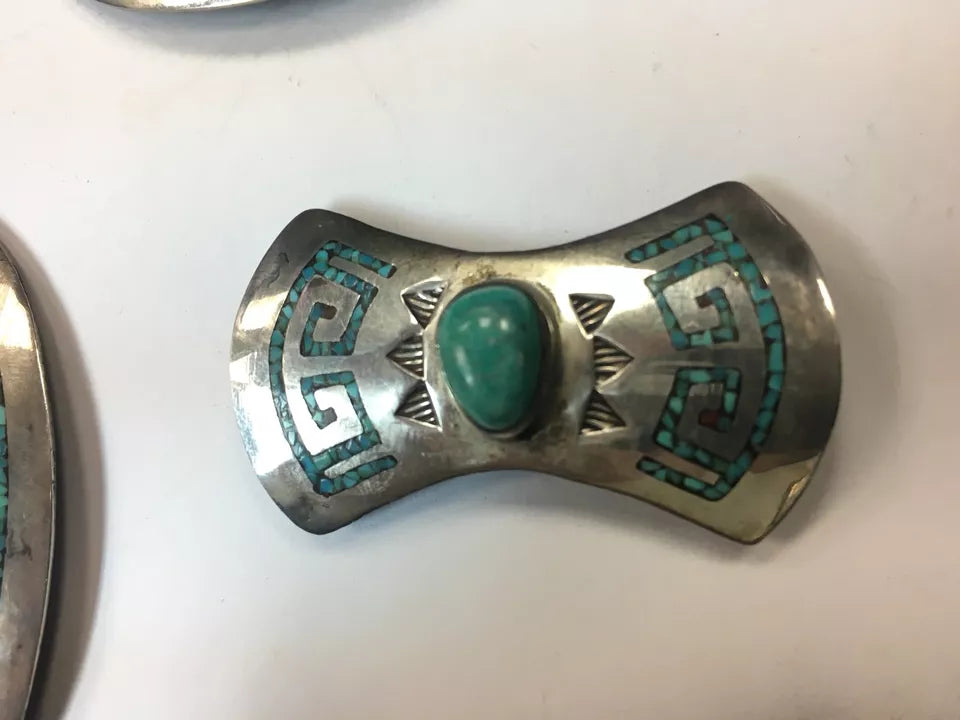 Antique Silver Belt 925 482.7g INLAY Turquoise Old Pawn CONCHO Estate Gem Stone