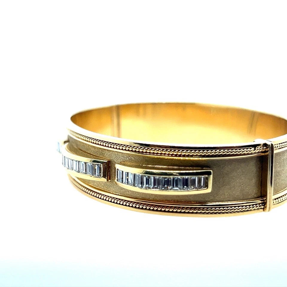 Retro Gold 2.50 Carat Natural Colorless Baguette Diamond Bangle Circa 1970
