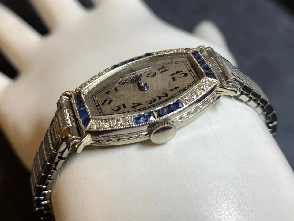Ladies Platinum & Gold Longines Natural Diamond & Sapphire Manual Cocktail Watch