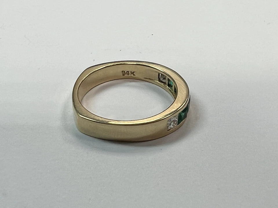 Retro Gold 1.3 Carat Natural Green Emerald and Colorless Diamond Band Circa 1980