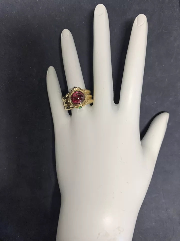 Retro Gold Cabochon Cocktail Ring Natural Tourmaline Emerald Sapphire Circa 1960