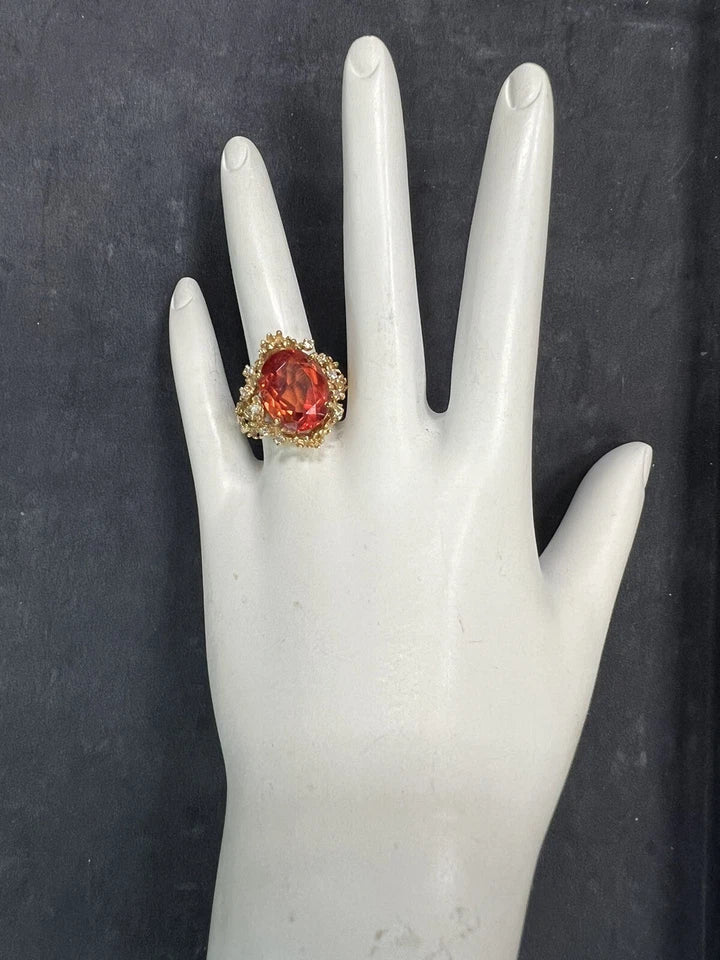 Retro Gold Oval Syn Padparadscha-LIKE Sapphire & Natural Diamond Cocktail Ring
