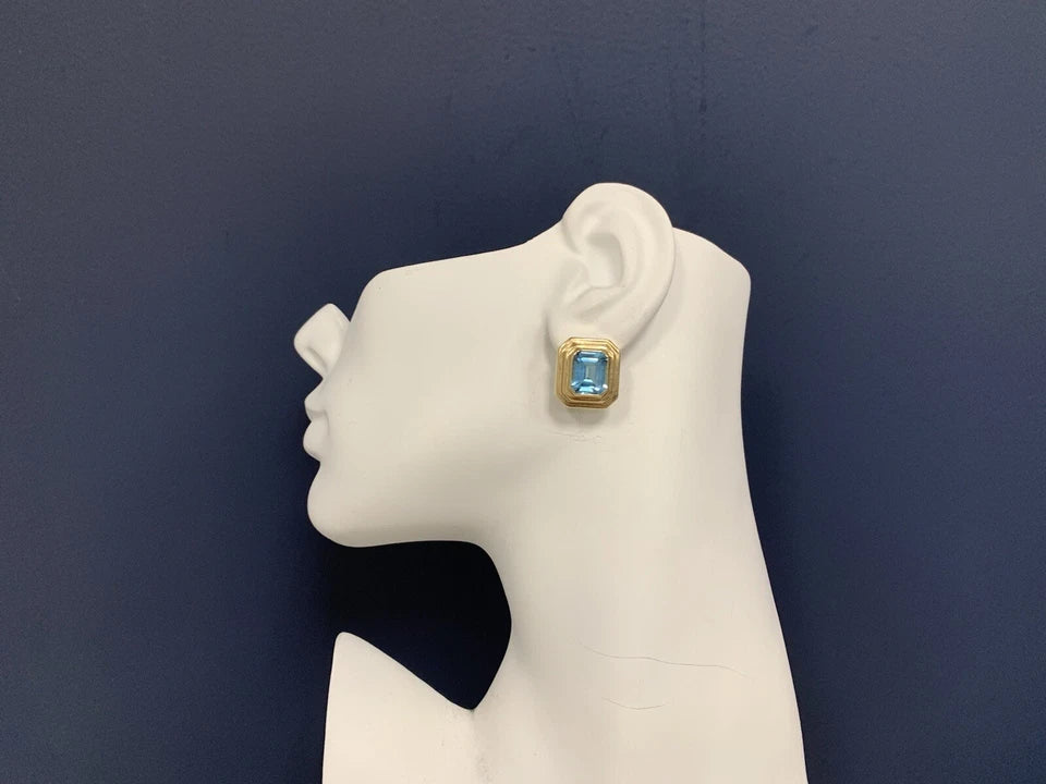 Retro 12 Carat Gold Natural Emerald Cut Blue Topaz Gem Stone Earrings Circa 1970