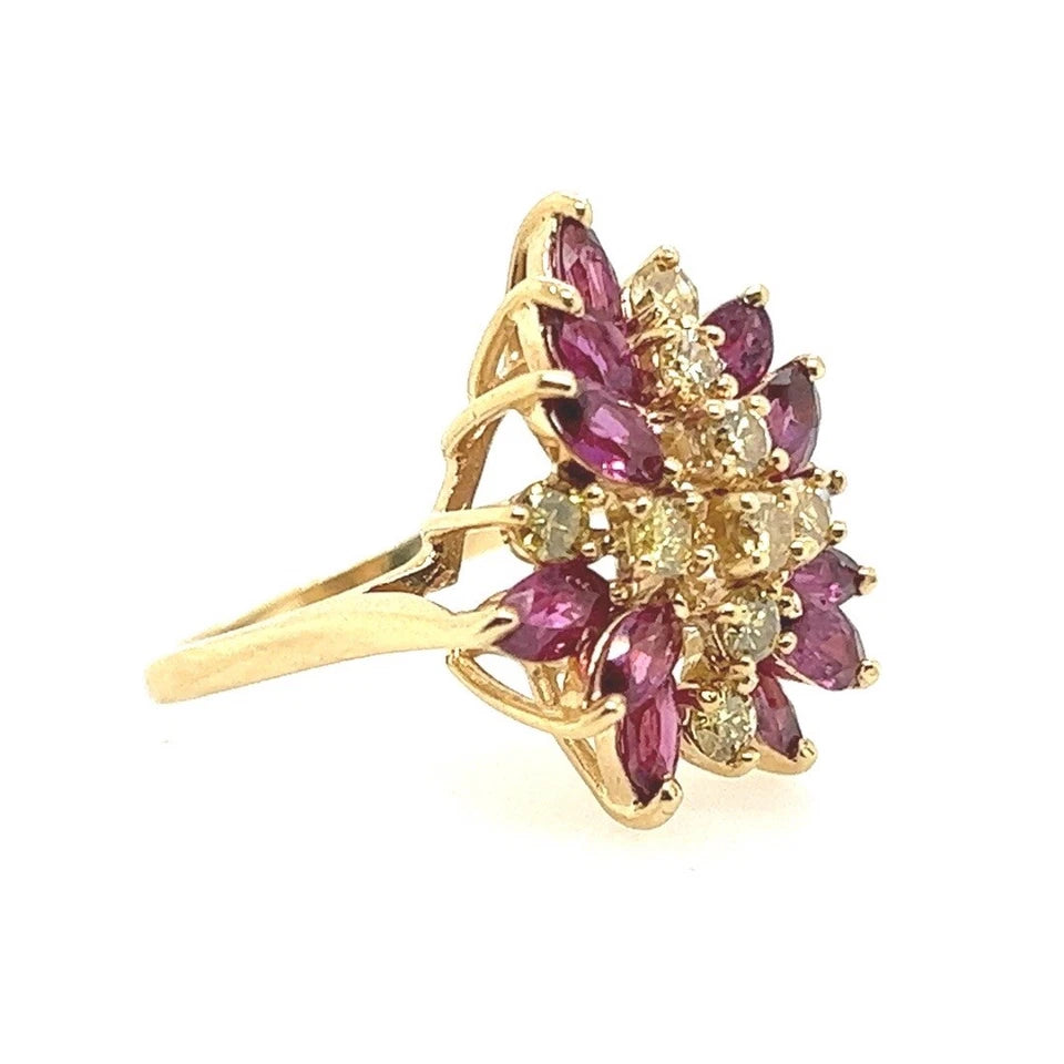 Retro Gold 2.45 Carat Natural Yellow Diamond & Red Ruby Cocktail Ring Circa 1950
