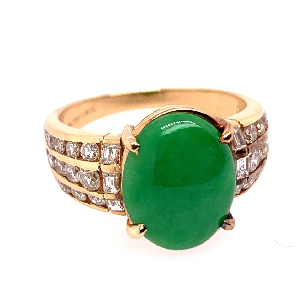 GIA Certified 3.47 Carat Natural Jadeite "A" Jade & Diamond Gold Ring Circa 1950