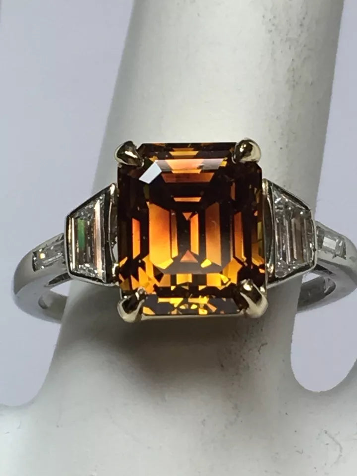 Platinum Natural Emerald Cut Diamond Ring GIA 3.37 Carat Fancy Deep Orange-Brown