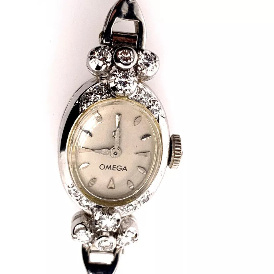 Ladies White Gold Omega 1.25 Carat Natural Diamond Manual Cocktail Vintage Watch