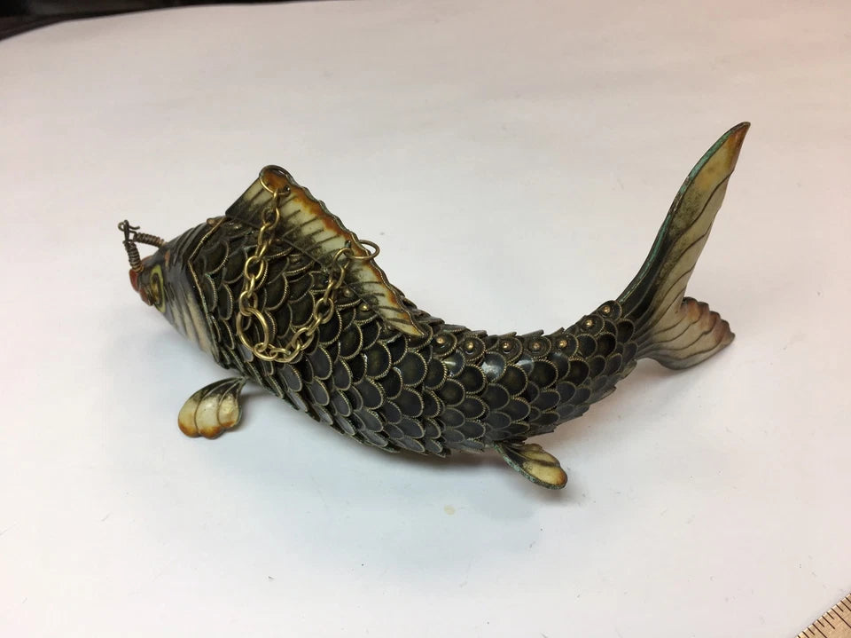 Vintage Chinese Silver Enamel Brown Fish Rare Antique Gift Jewelry Precious 925