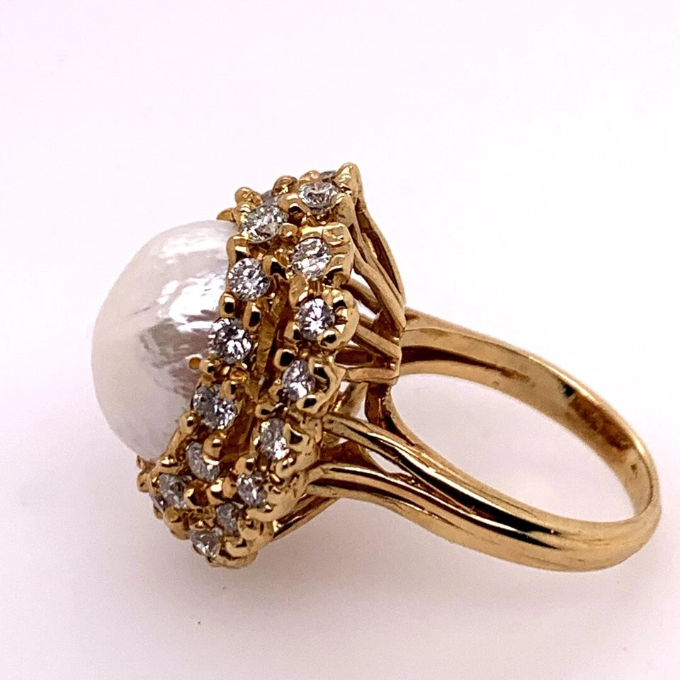 Retro Gold Cocktail Ring 1.85 Carat Natural Colorless Diamond & Pearl Circa 1950