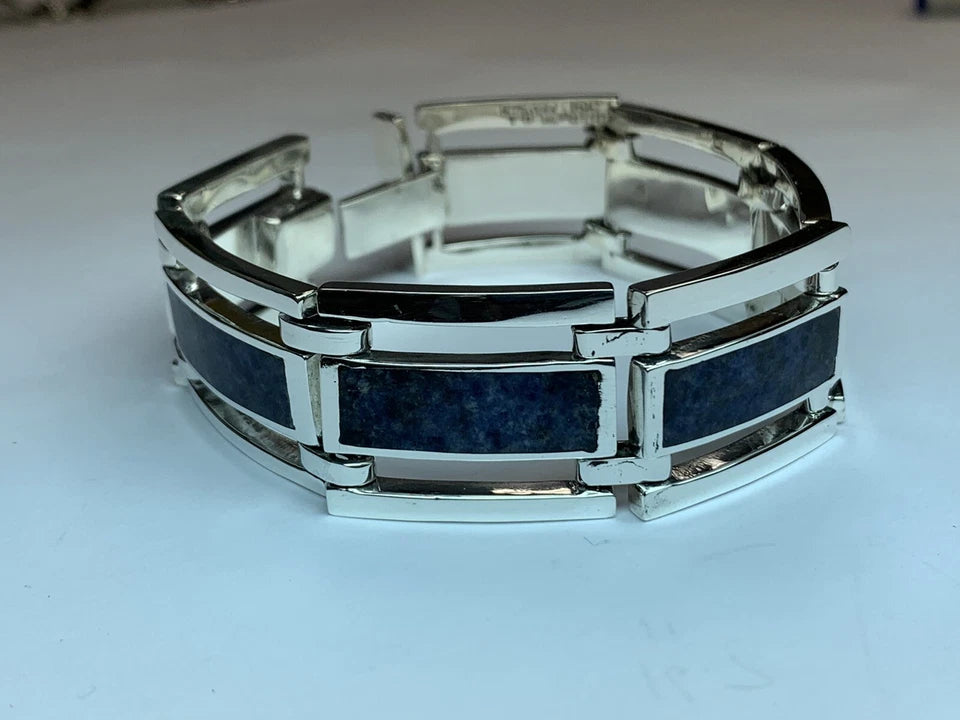 Mens Rare Vintage Mexico 950 Silver Bracelet Natural Sodalite Circa 1980