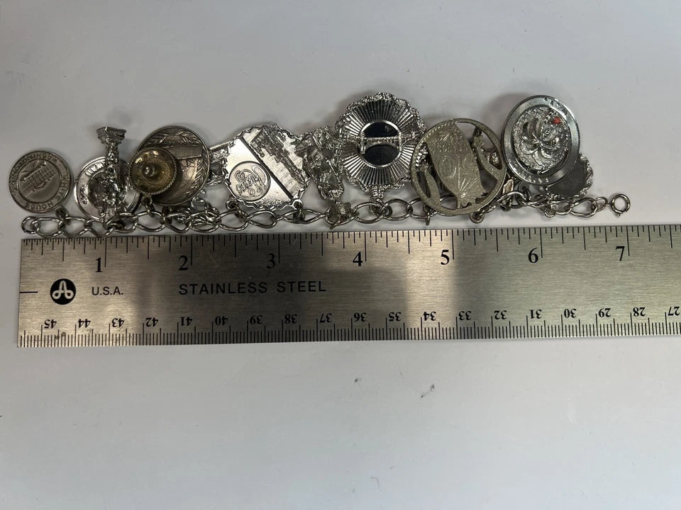 Estate Silver 925 Charm Bracelet 70 Grams with White House to Holy Mary Themes