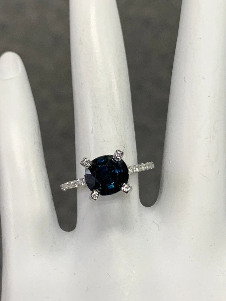 Retro 2.70 Carat Cushion Natural Midnight Blue Australian Sapphire Platinum Ring