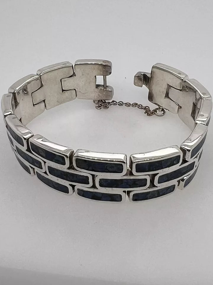 Vintage Taxco Inlayed Sodalite 925 Silver Bracelet 59 grams Made in Mexico