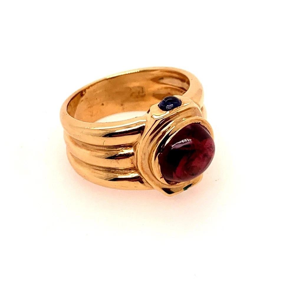 Retro Gold Cabochon Cocktail Ring Natural Tourmaline Emerald Sapphire Circa 1960