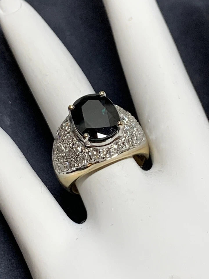Retro Gold 5.5 Carat Natural Dark Blue Sapphire & Diamond Cocktail Gem Ring 1950