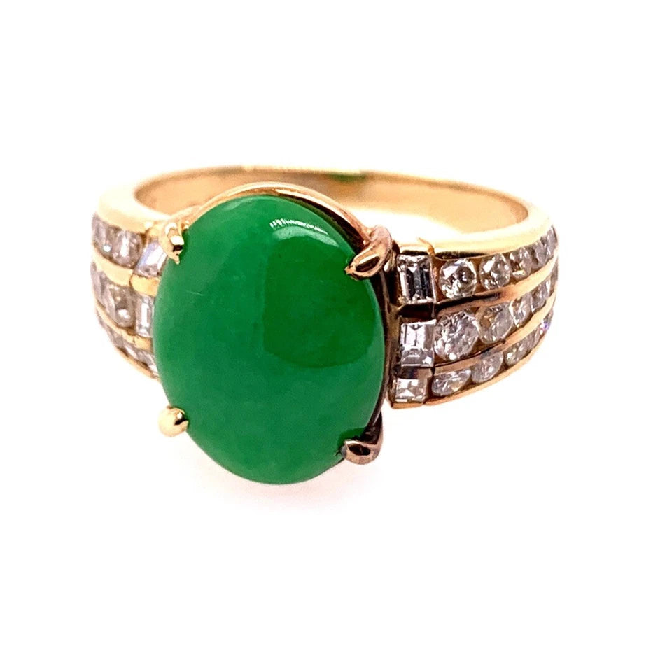 GIA Certified 3.47 Carat Natural Jadeite "A" Jade & Diamond Gold Ring Circa 1950