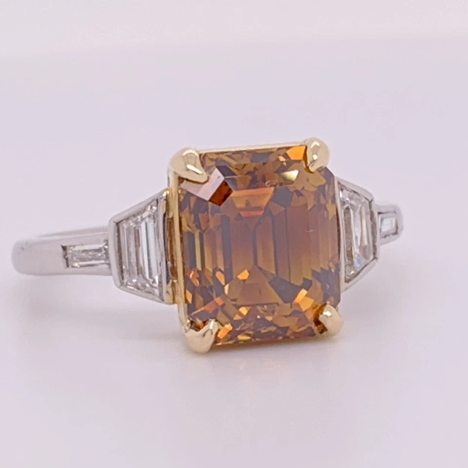 Platinum Natural Emerald Cut Diamond Ring GIA 3.37 Carat Fancy Deep Orange-Brown