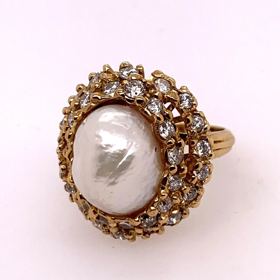 Retro Gold Cocktail Ring 1.85 Carat Natural Colorless Diamond & Pearl Circa 1950