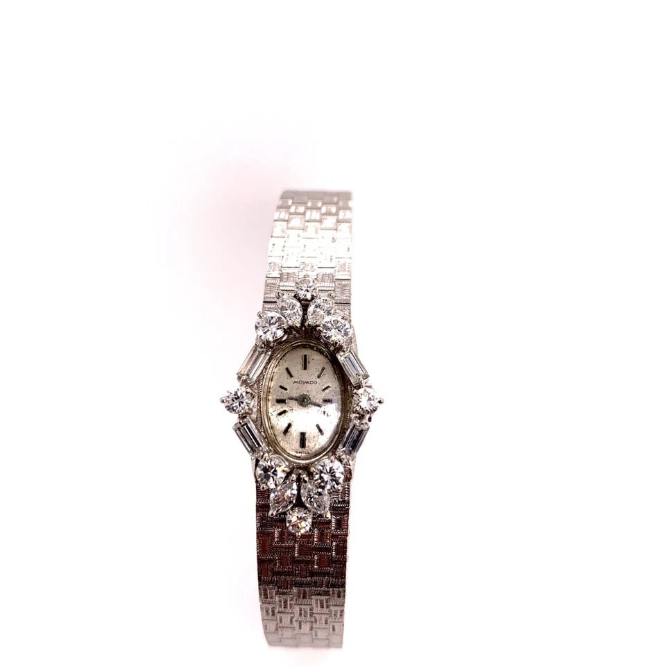 Ladies White Gold Movado 2 Carat Natural Colorless Diamond Manual Cocktail Watch