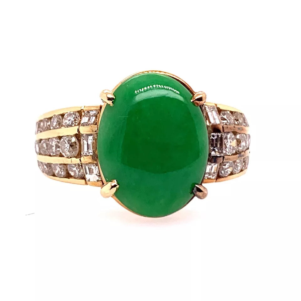 GIA Certified 3.47 Carat Natural Jadeite "A" Jade & Diamond Gold Ring Circa 1950