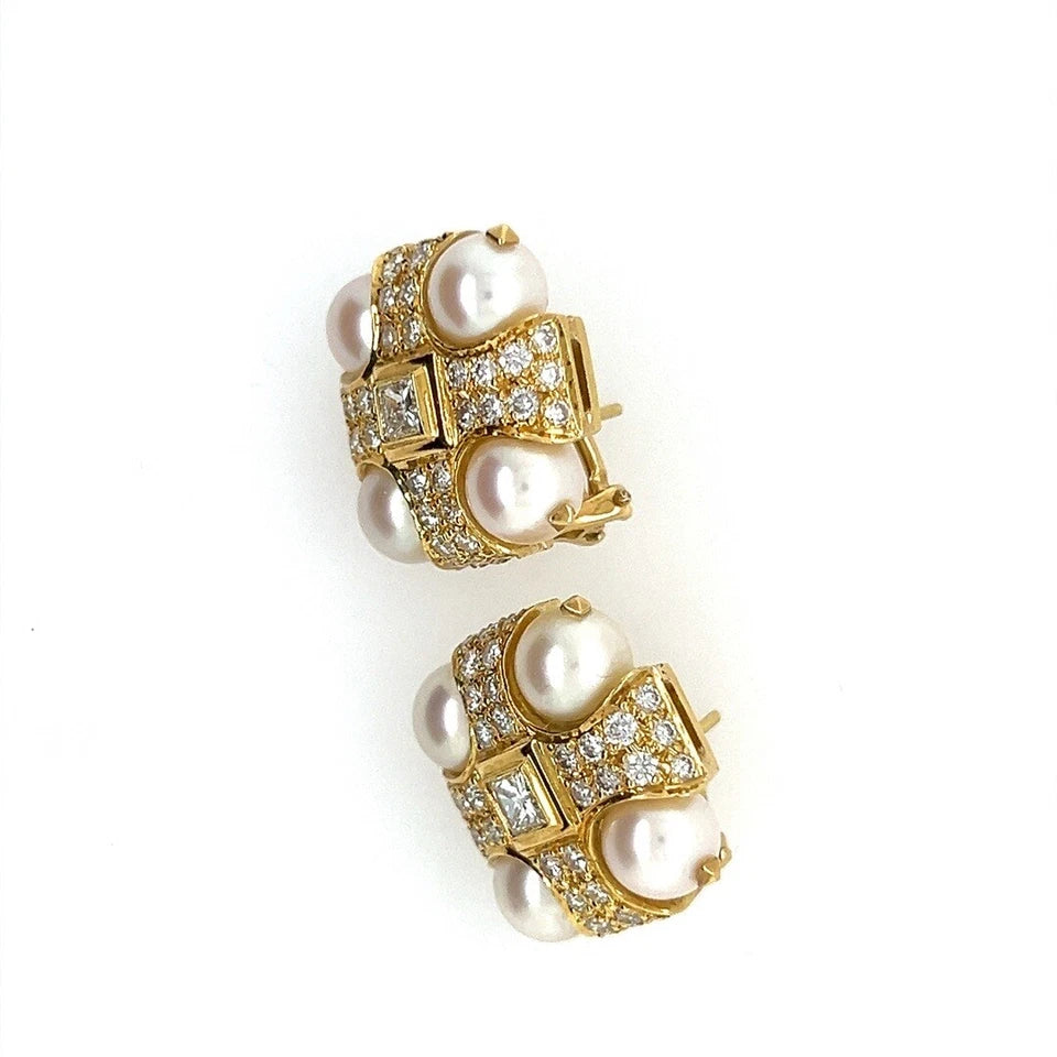 Retro Gold 3 Carat Natural Colorless Diamond and Akoya Pearl Earrings Circa 1980