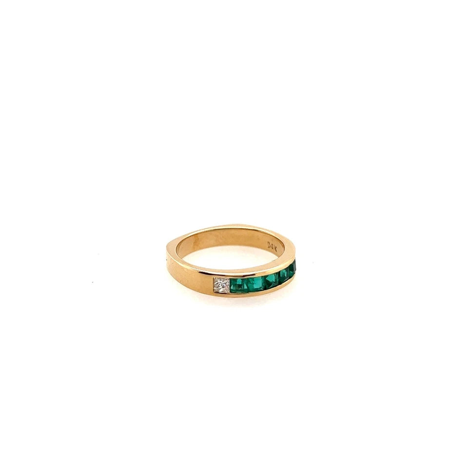 Retro Gold 1.3 Carat Natural Green Emerald and Colorless Diamond Band Circa 1980