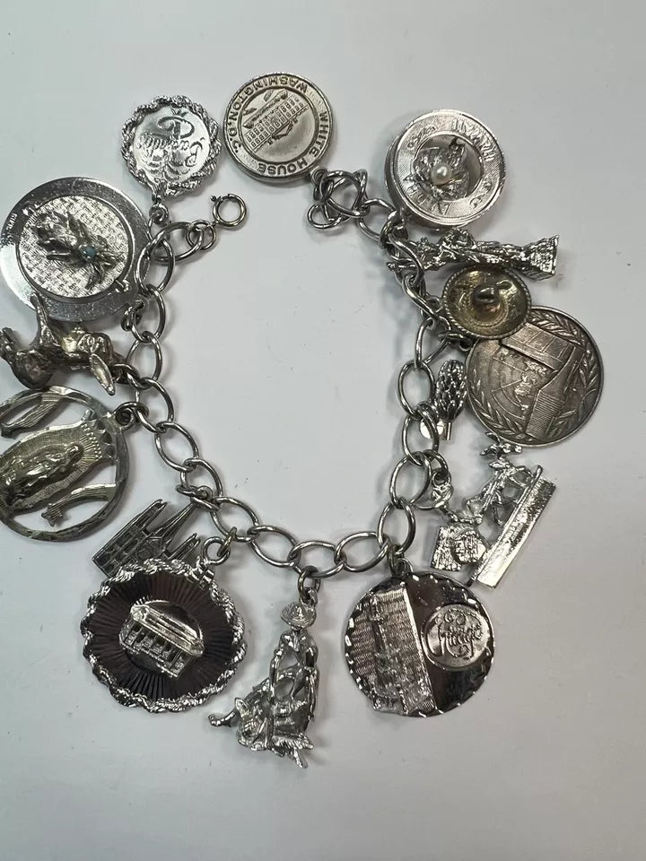 Estate Silver 925 Charm Bracelet 70 Grams with White House to Holy Mary Themes