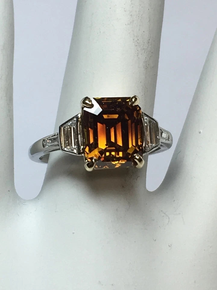 Platinum Natural Emerald Cut Diamond Ring GIA 3.37 Carat Fancy Deep Orange-Brown