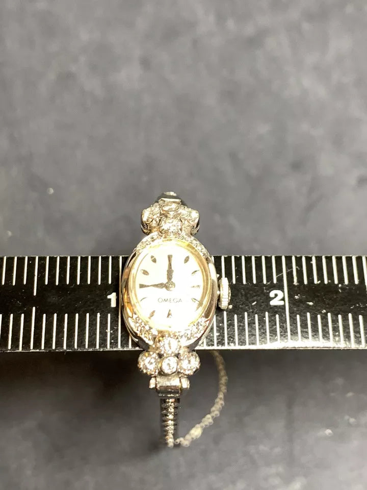 Ladies White Gold Omega 1.25 Carat Natural Diamond Manual Cocktail Vintage Watch