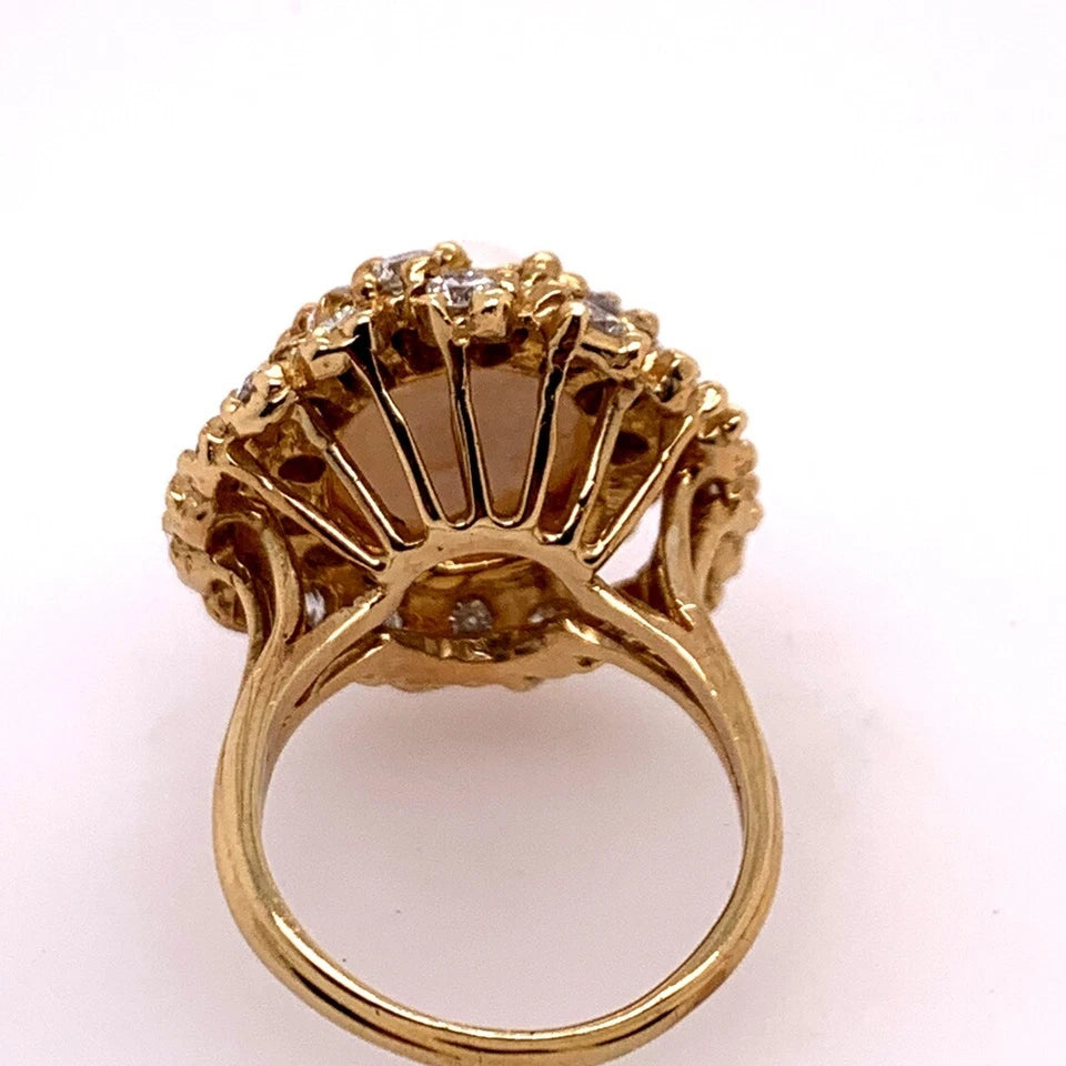 Retro Gold Cocktail Ring 1.85 Carat Natural Colorless Diamond & Pearl Circa 1950