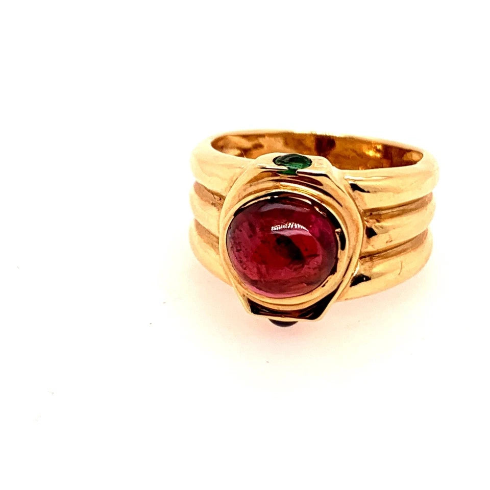 Retro Gold Cabochon Cocktail Ring Natural Tourmaline Emerald Sapphire Circa 1960