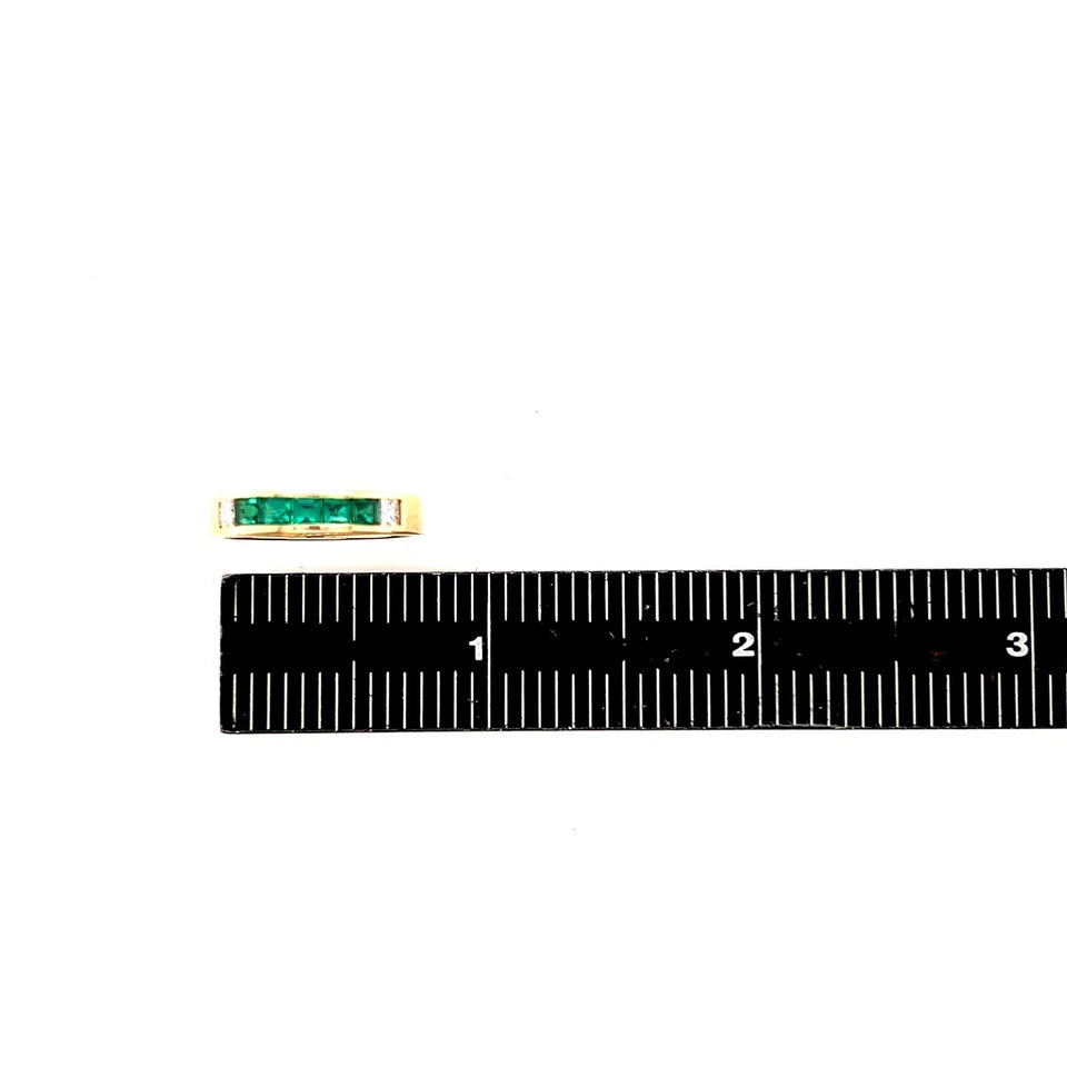 Retro Gold 1.3 Carat Natural Green Emerald and Colorless Diamond Band Circa 1980