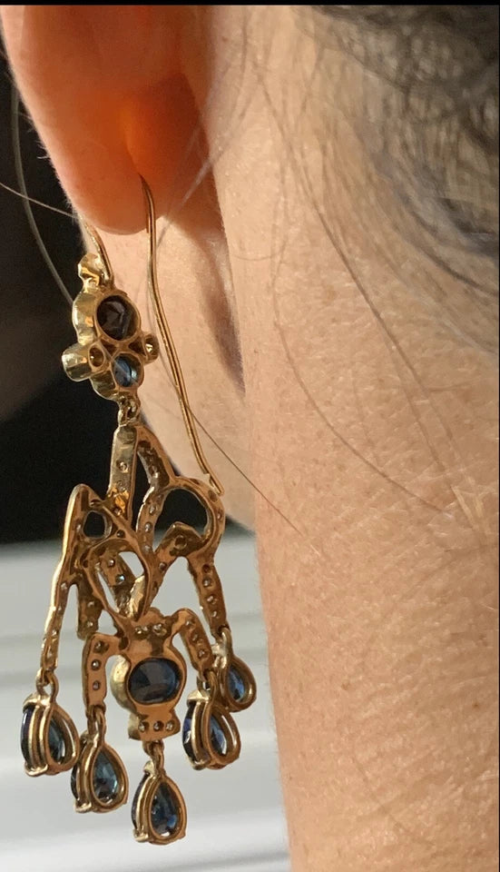 Retro Gold Earrings 30 Carat Natural Deep Blue Sapphire & Diamond Circa 1950